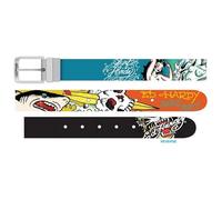 ED HARDY Men's Tattoo Print Graphic Twist Reversible Belt, Surf Crazy-white/Black, 38