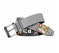 ED HARDY Men's Tiger's Roar Print with Hammered Studs Belt, Grey, 32