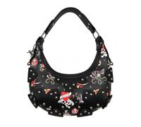 ED HARDY Studded Hobo Shoulder Bag Vintage Tattoo Black | Metal Stud Accents, Skull Charm Detail, 12" W x 6.5" H x 3" D, All-Over Tattoo Print, Adjustable Strap