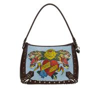 ED HARDY Vintage Denim Brown Shoulder Bag, 17x12x2.5 in | Tattoo Graphic Print, Studded Trim, Braided Handle, Eternal Love Design, Zip Closure
