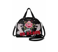 ED HARDY Women’s Dome Satchel Handbag with Tiger Graphic, Floral Tattoo Print Shoulder Purse, Structured Top Handle Crossbody Bag (Black)