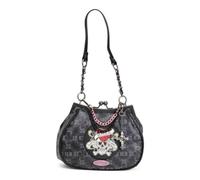 ED HARDY Women’s Kiss Lock Frame Satchel Bag, Tattoo Graphic Top Handle Shoulder Purse, 10 x 6 Inches, Charcoal Noir, 9in W x 7in H x 2in D, Edgy Rock Chic