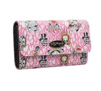 ED HARDY Women’s Skull & Rose Print Flap Wallet Clutch Organizer with ID Window & Zip Pocket, Pink/White, One Size, Classic