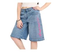 ED HARDY Women's Embroidered Baggy Denim Shorts Jorts, Light Wash, 32