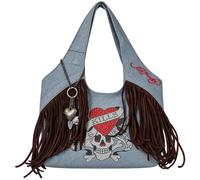 ED HARDY Women's Fringe Hobo Tote Bag | Skull & Heart Graphic, Suede Fringe Detail, Metal Chain Charm, Printed Interior Lining, Magnetic Snap Closure