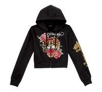 ED HARDY Women's Retro Tiger Crop Zip Front Hoodie in Black EDW1800-29, Black, Medium