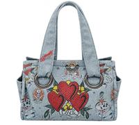 ED HARDY Women's Tattoo Print Tote Bag Vintage Denim Love | Rhinestone Embellished, Side Pockets, Metal Ring Hardware, Tattoo Art Graphics, Shoulder Handles