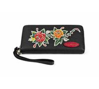 ED HARDY Women's Zip Around Wallet with Wrist Strap (Black-Rose Floral)
