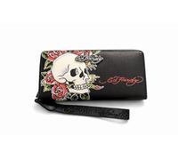 ED HARDY Women's Zip Around Wallet Wristlet, Skull and Rose Tattoo Print, Slim Organizer Clutch, 8x4 in (Black)