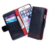 Ed Hicks iPhone 13 Wallet Case - Premium Genuine Leather - Shockproof Quad Protection - RFID Blocking - Kickstand - iPhone 13 Flip Case - 6.1" - Many Unique Features - Black Leather with Red Contrasts
