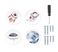 ED-Lumos 4 x Children's Room Ceramic Drawer Handles - Space Motifs (Rocket, Astronaut, UFO, Moon) for Dressers, Bedside Tables & Toy Boxes