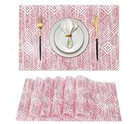 EDanle Vinyl Plastic Placemats Set of 6 Washable Heat Resistant Non-Slip Elegant Indoor Outdoor Kitchen Dining PVC Woven Table Place Mats (Red Pink Squares)