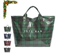 EDAT Christmas Plaid PVC Tote Bag for Women, Shopping Bags with Top Handle, Print Tote Bag for Women Handbag for Shopping(Green)