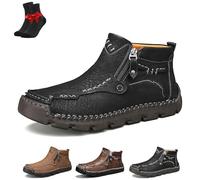 EDAT Stepthetop Motorcycle Boots, Step the Top Hand-Stitched Leather Boots-Wide Toe, Anti-Slip for Work, Hiking(Black-plush,8.5 UK)