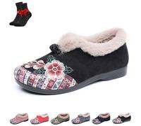EDAT Women's Soft-Soled Non-Slip Warm Cotton Boots, Thickened Flat Bottom Embroidered Faux Fur Loafers(Black,5.5 UK)