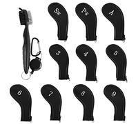 EDATOFLY 10 Pieces Golf Iron Head Covers Long Neck Number Printing Irons Head Covers Set and 1 Piece Golf Iron Club Brush (Black+Black)