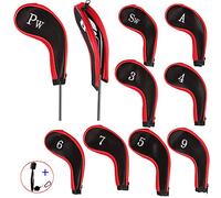 EDATOFLY 10 Pieces Golf Iron Head Covers Long Neck Number Printing Irons Head Covers Set and 1 Piece Golf Iron Club Brush (Black+Red)