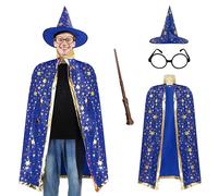 EDAUWAE Adult Wizard Cape,Wizard Cloak Costume with Wizard Hat Wand and Eyeglasses for Halloween Cosplay, Blue, One size
