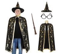 EDAUWAE Adult Wizard Cape,Wizard Cloak Costume with Wizard Hat Wand and Eyeglasses for Halloween Cosplay, Black, One size