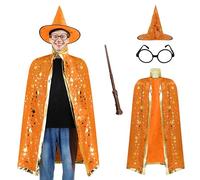 EDAUWAE Adult Wizard Cape,Wizard Cloak Costume with Wizard Hat Wand and Eyeglasses for Halloween Cosplay, Orange, One size