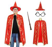 EDAUWAE Adult Wizard Cape,Wizard Cloak Costume with Wizard Hat Wand and Eyeglasses for Halloween Cosplay