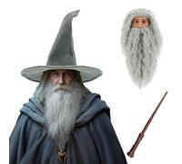 EDAUWAE Wizard Costume for Adult,Witch Hat Halloween Cosplay Hat with Wig Beard Magic Wand Party Accessory, Grey, One Size