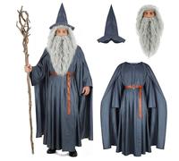 EDAUWAE Wizard Costume Men with Wig Warlock Robes Wizard Cloak Grey Robe Hat Beard Halloween Cosplay Outfit, Type 1, 3XL