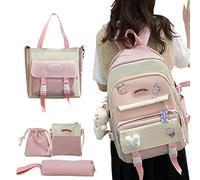 EDCB Combo School Backpack | Kawaii School Backpack Kit with Doll Pendant Bear, Oxford Canvas Backpack Charms Pins Patchwork Backpack Kit for Student Boy Girl, Powder Set {with Pendant}, 1