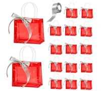 EDCUEBE7 16 Pcs Red Clear Plastic Gift Bags with Handles & Silver Ribbon, 8 x 8 x 3 Inch Reusable Pouches for Wedding, Birthday Party Favors, Candy and Small Presents