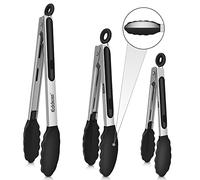 Eddeas Kitchen Tongs with Silicone Tips, Tongs for Cooking Heat Resistant 600 Degrees Stainless Steel Locking Tong - 7" 9" & 12 inch Silicone Tong Non-Stick, Black Set of 3