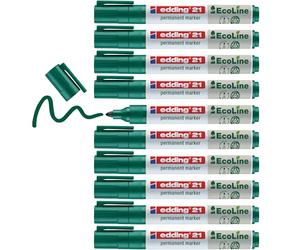 Edding 21 Ecoline Permanent Marker - Green - Box of 10 - Round Tip 1.5-3 mm - Waterproof, Quick-Drying, Smear-Proof Pens - for Cardboard, Plastic, Glass, Wood, Metal and Fabric - Refillable, 4-21004