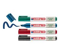 edding 22 Ecoline permanent marker set - black, red, blue, green - 4 pens - chisel tip 1-5 mm - waterproof, quick-drying, smear-proof pens - for cardboard, plastic, glass, wood, metal and fabric