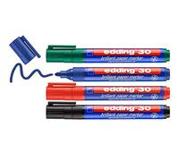 edding 30 brilliant paper marker - black, red, blue, green - 4 waterproof permanent markers - round nib 1.5-3 mm - vibrant colours - lightfast marking on paper, card, cardboard, plastic, metal, glass