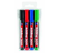 edding 300 permanent marker - black, red, blue, green - set of 4 - round nib 1.5-3 mm - waterproof, quick-drying, smear-proof pens - for cardboard, plastic, glass, wood, metal and fabric