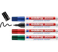 edding 3000 Permanent Marker - Black, Red, Blue, Green - 4 Marker Pens - Round T