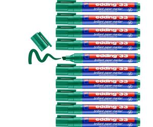 Edding 33 Brilliant Paper Marker - Green - 10 Waterproof Permanent Markers - Chisel Nib 1-5 mm - Vibrant Colours - Lightfast Marking on Paper, Card, Cardboard, Plastic, Metal and Glass, 4-33004