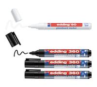 Edding 360 - Whiteboard Marker + 1 X Edding 90 Glassboard Marker Included Free - Black, White - 2-3 Mm - 3+1 Pen Set - Pens for Writing and Marking On Whiteboards, Also for Flipcharts