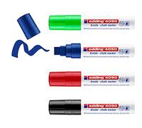 edding 4090 chalk marker pen set - black, red, blue, green - 4 chalk pens - chisel nib 4-15 mm - drywipe pen for chalkboards,windows,glass,mirrors - liquid chalk marker pens for opaque coverage