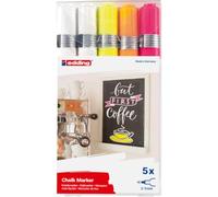 edding 4095 Chalk Marker Pen Set - White, Yellow, Orange, Pink - 5 Chalk Pens - Round Tip 2-3 mm - Wet Wipe Pen for Chalkboards, Windows, Glass, Mirrors - Liquid Chalk Marker Pens for Opaque Coverage