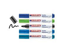 edding 4500 textile marker - black, 3x blue, green - 5 pens - round nib 2-3 mm - permanent fabric markers for drawing on textiles, wash-resistant up to 60°C - marker pens for fabric lettering