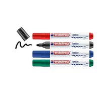 edding 4500 textile marker - black, red, blue, green - set of 4 - round nib 2-3 mm - permanent fabric markers for drawing on textiles, wash-resistant up to 60°C - marker pens for fabric lettering