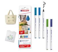 edding 4600 Textile Pen - Black, Blue, Light Blue, Light Green, Orient Blue - Set of 5 - Round Nib 1 mm - Permanent Fabric Pens for Drawing on