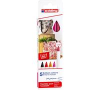 edding 4600 textile pen - black, red, orange, pink, carmine red - set of 5 - round nib 1 mm - permanent fabric pens for drawing on textiles, wash-resistant up to 60 °C - fabric pen
