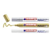 edding 750 gloss paint marker - white, gold, silver - set of 3 paint markers - round nib 2-4 mm - paint pen for glass, pebbles, wood, plastic, paper - waterproof, high coverage