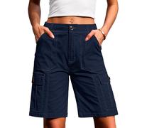 Eddoyee Bermuda Cargo Shorts for Women Casual Long Knee Length High Waisted Stretch Wide Leg Relaxed Fit, B Navy Blue, M
