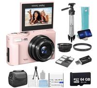 eDealz 4K 48MP Digital Camera Kit for Photography, Vlogging Camera YouTube with Flip Screen, WiFi, Wide Angle & Macro Lens, 64GB Micro SD Card, 50" Tripod, Case, Card Reader, Microphone, LED (Pink)