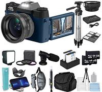 eDealz 4K 48MP Digital Camera Kit for Photography, Vlogging for YouTube w/Flip Screen, WiFi, Wide Angle Lens, Filters, 2X 64GB Micro SD Cards, 50" Tripod, Case, Card Reader, Microphone, LED & More