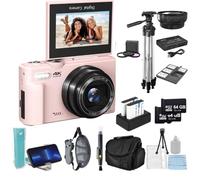 eDealz 4K 48MP Digital Camera Kit for Photography, Vlogging for YouTube w/Flip Screen, WiFi, Wide Angle Lens, Filters, 2X 64GB Micro SD Cards, 50" Tripod, Case, Card Reader, Microphone, LED (Pink)