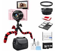 eDealz 4K 48MP Digital Camera Kit Photography Vlogging Camera for YouTube with Flip Screen, WiFi, Wide Angle & Macro Lens, 64GB Micro SD Card, 12" Flexible Tripod, Carrying Case, Card Reader (Pink)