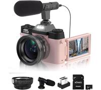eDealz 4K 48MP Digital Vlogging Camera for YouTube with 3.0’’ 180° Flip Screen, WiFi, 16X Digital Zoom, Wide Angle & Macro Lens Rechargeable Battery, 64GB Micro SD Card (Essential Kit, Pink), 4KCAMP